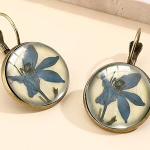 Elegant Blue Floral Brass Earrings